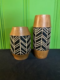 Set Of Two Wooden Vases With Carved Designs 12' & 9'