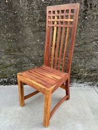 High-back Chair With Parallel Vertical Bands And Squares On Top, In Teak Wood