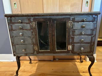 1920s Steel Vintage Medical Cabinet With The Highly Desired Cabriolet Legs! Incredible Patina!