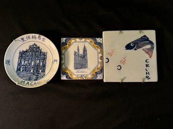 Collection Of 3 Blue & White Wall Ceramic Tiles From Around The World