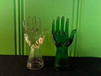 HANDS ON INCREDIBLE! Clear & Emerald Green Glass Hand Ring Rests 8' From Early 20th Century