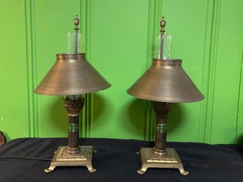 Amazing Set Of Two Vintage Mid 20th Century Footed Brass Paris Oriental Express Table Lamps