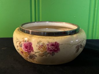 Lovely Antique Bowl Hand Painted With Butterfly And Flowers 11'