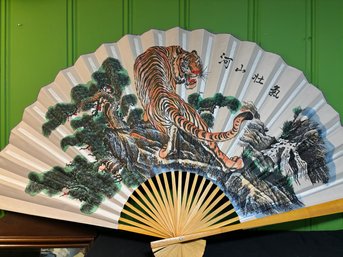 Large 60 In Oriental Home Deco Wall Hanging Folding Fan In Tiger Design