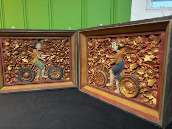 Set Of Two Incredible Balinese Framed Carved Wood Panels Depicting Bicycle Riders 22' X 18'