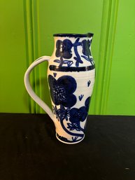 Korond Style Ceramic Pitcher With Bird - Blue And White 12'