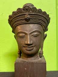 MUSEUM FIND! Likely 18th Century Bronze Bust Of Buddha Mounted On A Wood Stand