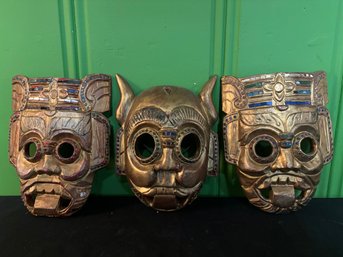 3 Hand Carved Wood Thailand Folk Art Tribal Mask With Colored Glass Pieces