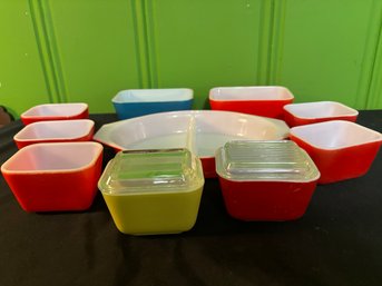 Vintage Pyrex Primary Colors Refrigerator Set, Red Blue Yellow Fridgies, Glass Storage Dishes And Lids