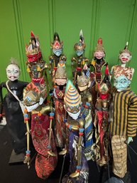 Massive Indonesian Puppet Collection! 12 Stunning Wooden Hand-Painted & Carved Rod Stick Puppets 22-24'