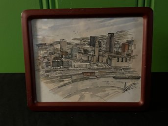 Pencil Sketch Of Cleveland, Ohio In Retro Frame