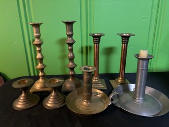 Antique Candle Stick Collection Including  19th Century Metal Finger Loop Chamber Stick Can