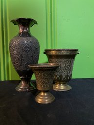 Lot Of Three Hand Etched Brass & Silver Vases From Asian Artisans