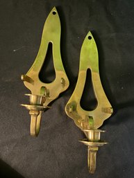 Pair 2 Mid Century Modern Brass Wall Sconce Candle Holders