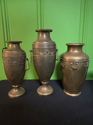 Fabulous Set Of Three Valuable Antique Copper Ram Heads Vases 9-13'