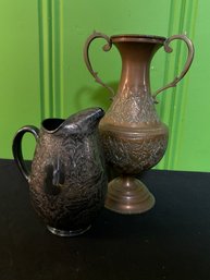 Middle Eastern Moorish Copper Footed Vase & Hand Decorated Sterling Silver Pitcher