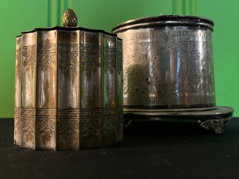 Two Ornate Silver Plate Velvet Lined Floral Scroll Etched Tea Containers