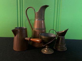 1960s Copper And Brass Lot Including Mexican Copper Pitcher With Brass Strap