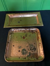 Pair Of Crate & Barrel Large Hand Crafted Copper Indian Trays With Gorgeous & Interesting Natural Patina