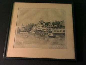 H. Meyer Framed Pencil Sketch Of Zurich, Switzerland With Signed Inscription 1911