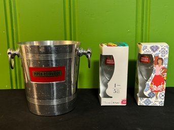 Steel Champagne Bucket & Two Stella Artois Collectible Glasses NIB