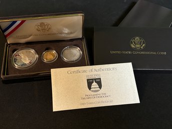 Over 8g Of GOLD!  1989 US Mint Congressional Commemorative 3 Coin Silver & Gold Proof Set!