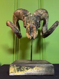 Bold Decor Piece! Ram Skull Sculpture With Aged Copper Patina Finish On Pedestal Base