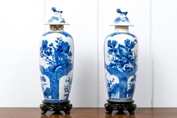 Pair Of Chinese Late Qing Dynasty Blue And White Porcelain Lidded Jars On Stands