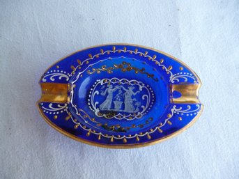 Beautiful Blue Italian Glass Ashtray With Ornate Gold & White Detailing