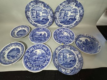 NINE SPODE CHARGERS, PLATES, AND BOWLS