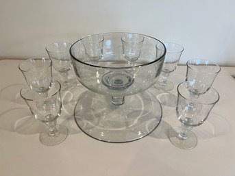 Covered Cake Plate, Or Punch Bowl With 8 Matching Glasses