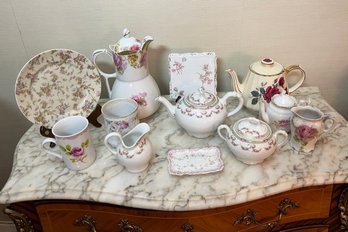 4 Vintage Tea Pots, 2 Sets Of Sugar & Creamer, 2 Cups & Plates