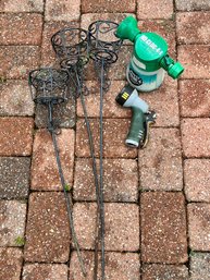 3 Outdoor Metal Candle Holders And Two Garden Sprayers