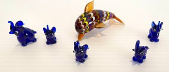 Glass Menagerie Of Tiny Cobalt Blue Elephants And Dalia Studio Art Glass  Fish