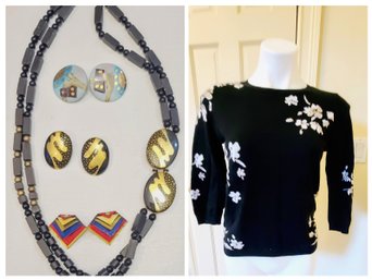 Stylish Costume 30' Necklace Plus Three Handcrafted Pierced Earrings Paired With Floral Ann Taylor Sweater