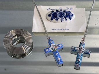 Enamelware Crosses On Chaines, Delft Brooch, German Scarf Clip