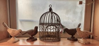 Small Vintage Wrought Iron Birdcage & Four Antique  Cast Iron Birds