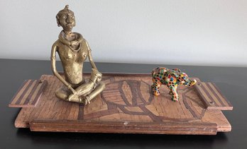 21. Tribal Lady With Bird In Brass  Inc Tray And Elephant