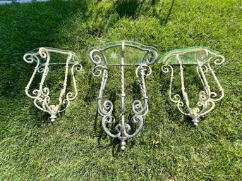 3 Wonderful Wrought Iron Baluster And Twister Iron Glass Top Wall Tables, Never Outdoors!