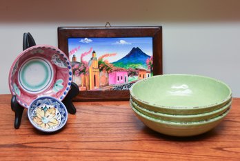 Original Oil Painting Of Los Pesos Guatemala With (3) Williams Sonoma Rustic Serving Bowls With (2) Handpainted Ceramic Bowels