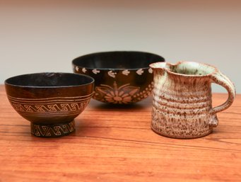 (2) South American Hand Carved Wood Bowls With Ceramic Pitcher