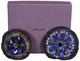 Pair Of PRADA Fabric Crystal Sequined Brooches