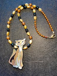 Lee Sands Cultured Freshwater Pearl Cat Inlay Necklace 10''