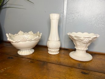 Art Deco Milk Glass Vase With Stamped Milk Glass Candy Dishes