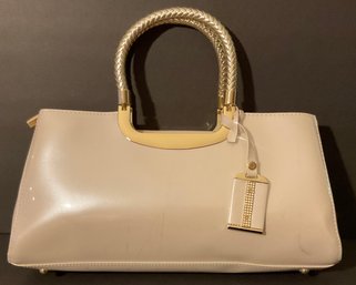 Cream, Beige Patent Leather Gold Handled Metal Handbag