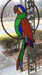 Vintage Colorful Leaded Stain Glass Bird On Wooden Circle