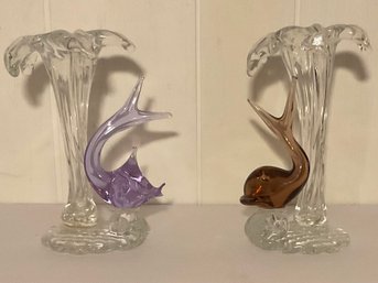 PR. Vintage Crystal Bud Vases, Amber Dolphin & Fish.