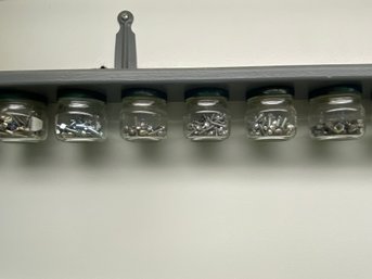 Practical Painted Shelf With 16 Attached Hardware Jars