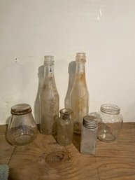 Antique Glass Bottle Lot With Round Jars