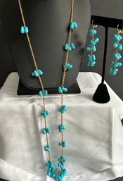Vintage Kenneth Lane Faux Gold & Blue Beaded 35' LONG Necklace Matching 3' Pierced Earrings